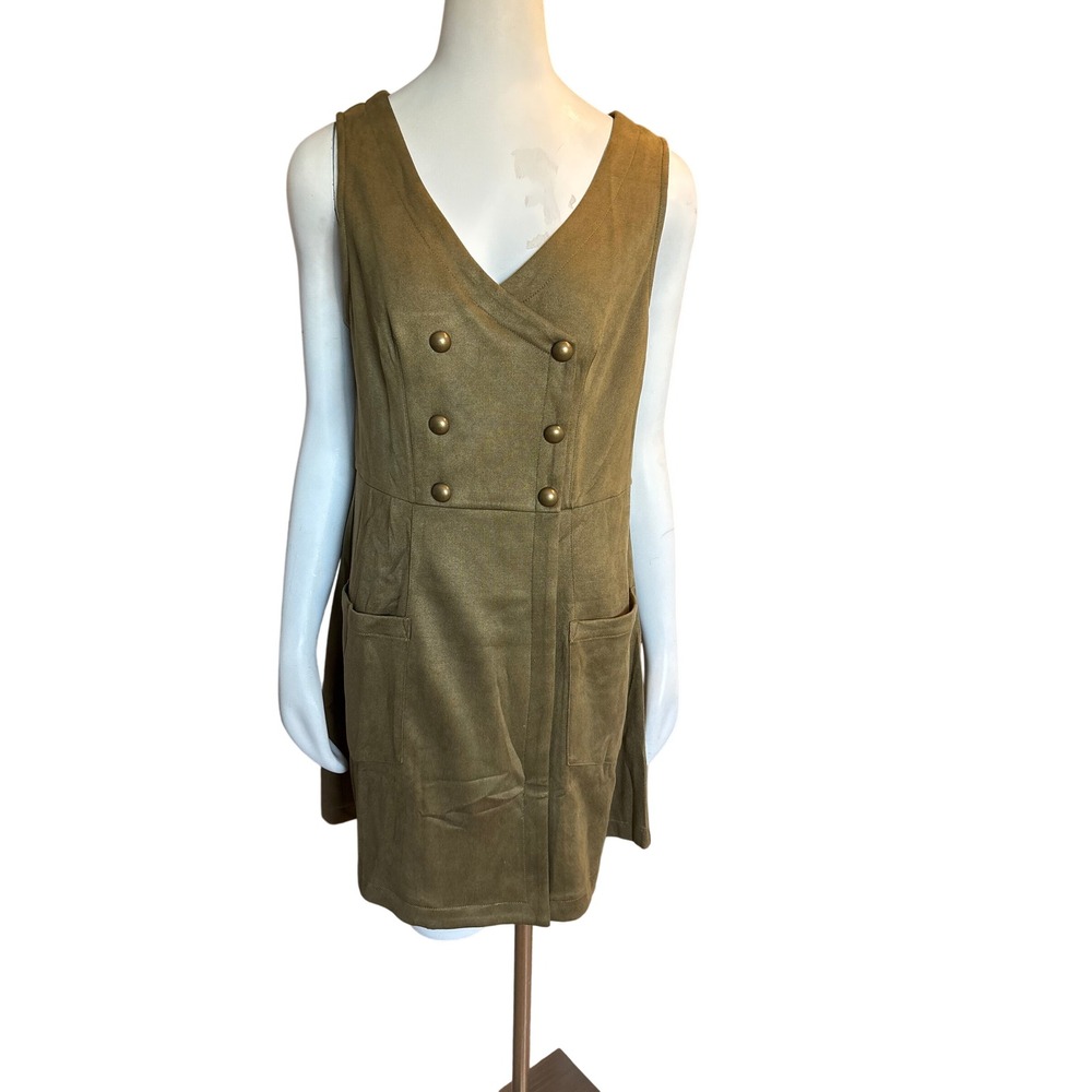 Belle Poque Women Olive Green Faux Suede Double Breasted Jumper Dress Size L NWT